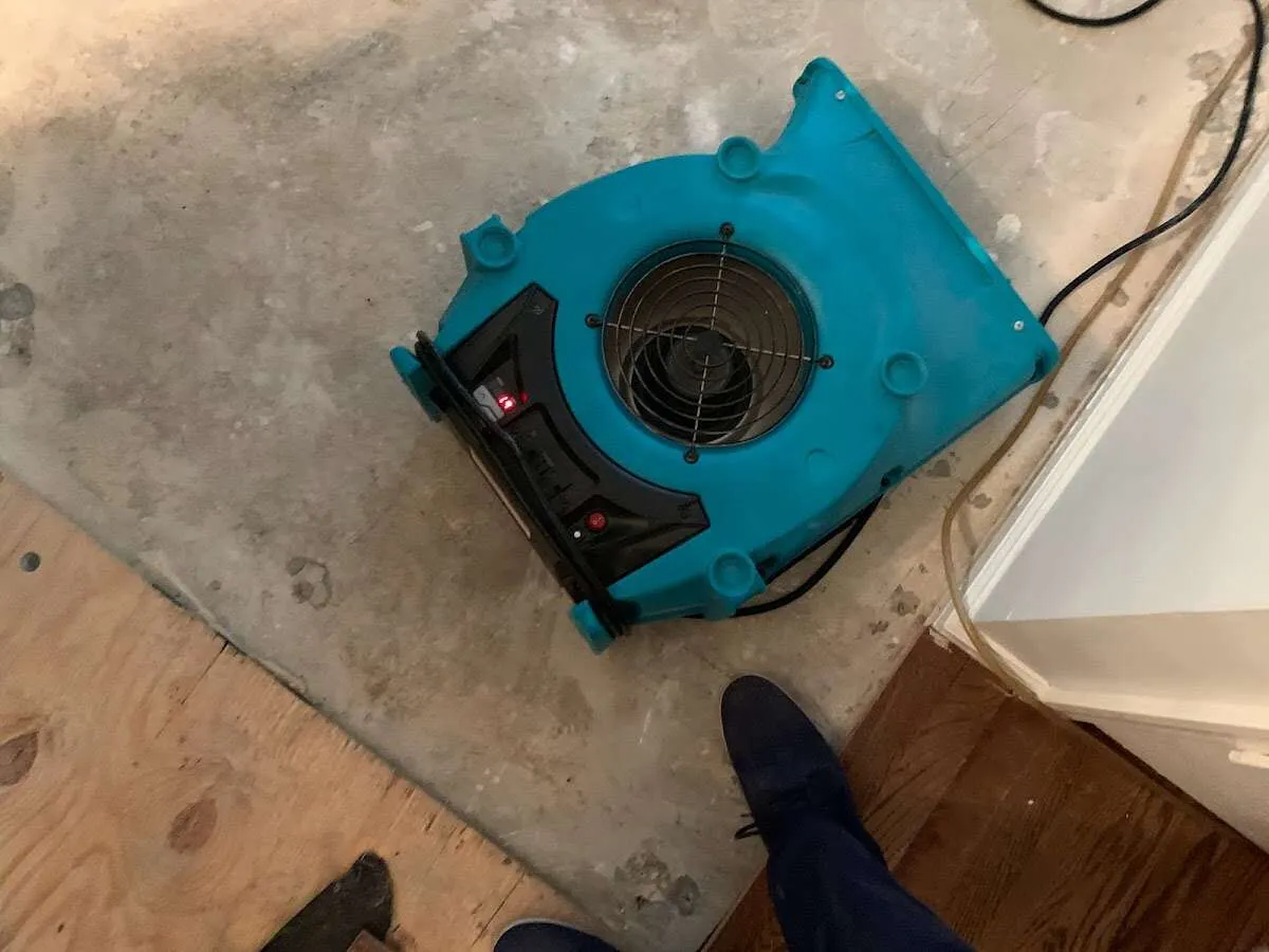 Air mover drying subfloor during Commercial Water Damage Restoration in Beekmantown